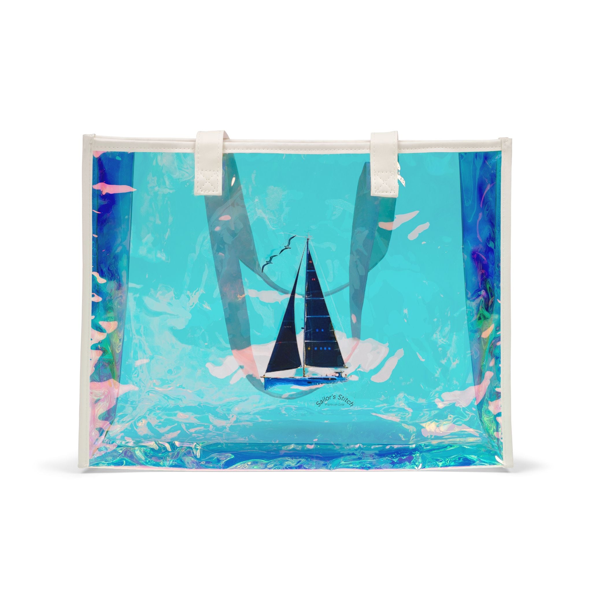 Sailor’s Stitch Holographic Beach Tote Bag, Custom name option, Stylish PVC Sailing Tote Accessories, Shiny Pool Tote, Perfect for Vacations, Transparent Beach Bag