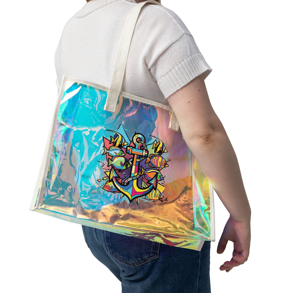 Anchor Pop Art Holographic Boat Tote Bag, Custom name option, Stylish PVC Sailing Tote, Shiny Pool Tote Accessories, Perfect for Vacations, Transparent Beach Bag
