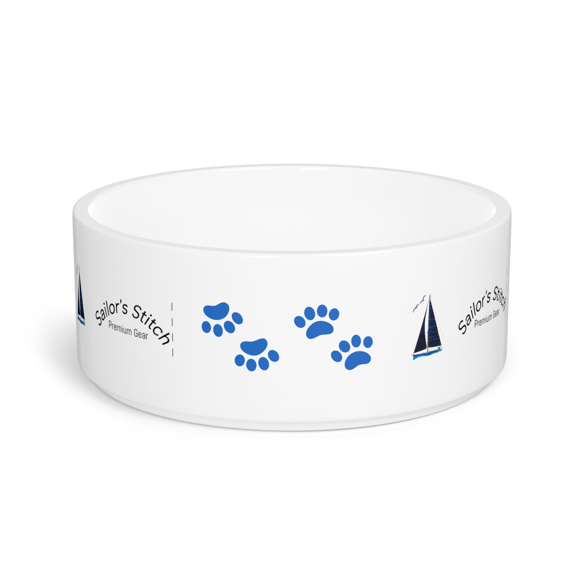 Sailors Stitch Nautical Pet Bowl - Custom Pet Name Sailboat Design, Personalized Dog Dish, Cat Bowl, Pet Accessories, Housewarming Gift