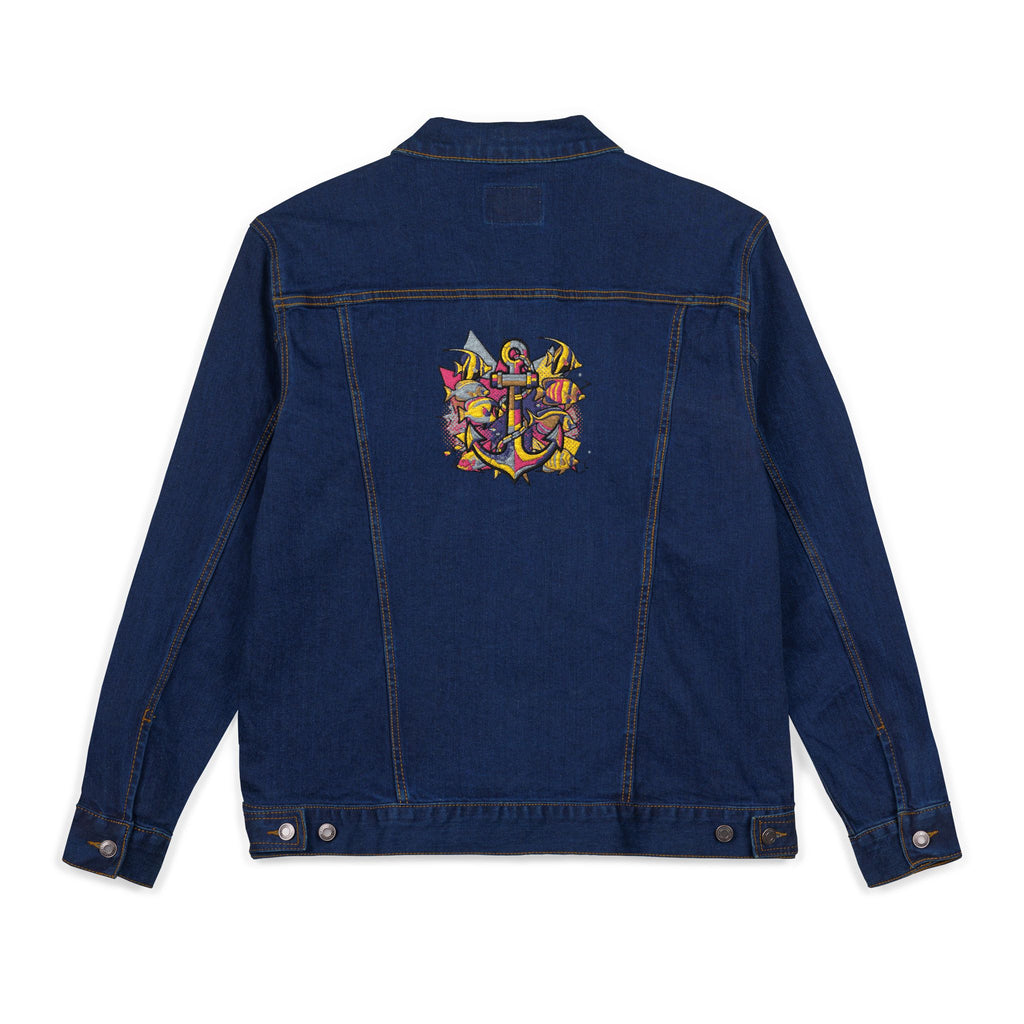 Unisex Embroidered Denim Pop Art Sailor  Jacket, Casual Outerwear, Summer Layering, Perfect for Festivals, Unique Gift Idea, Nautical apparel