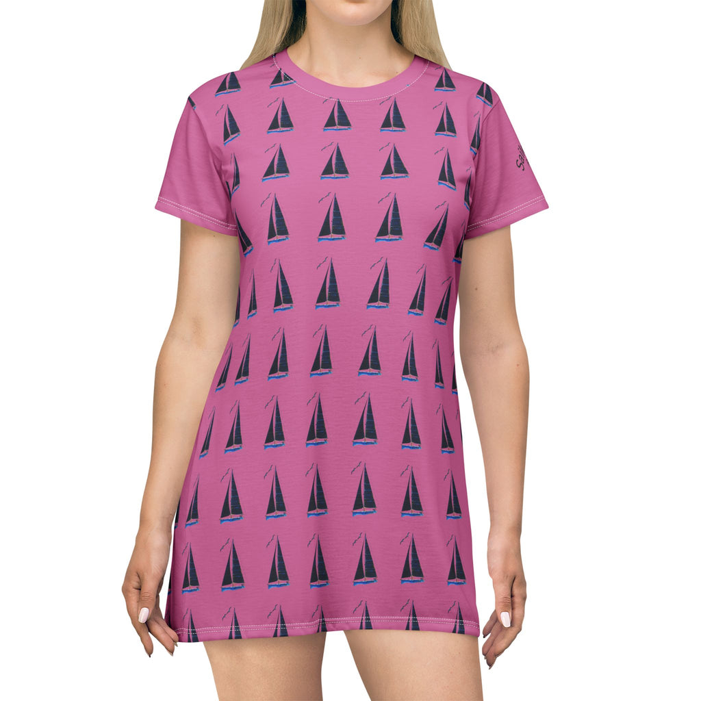 Pink Yacht Sailor's Stitch T-Shirt Dress, Personalisable Custom Crew Wear, Nautical gift, Boat Wear