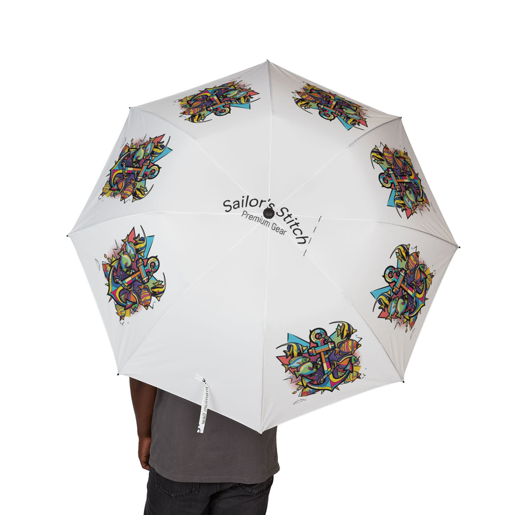 Anchor & Fish Design Pop Art Compact Foldable Umbrella, Custom name option, Chic Sunshade, Portable Rain Protection, Outdoor Accessories, Unique Gift for All Occasions