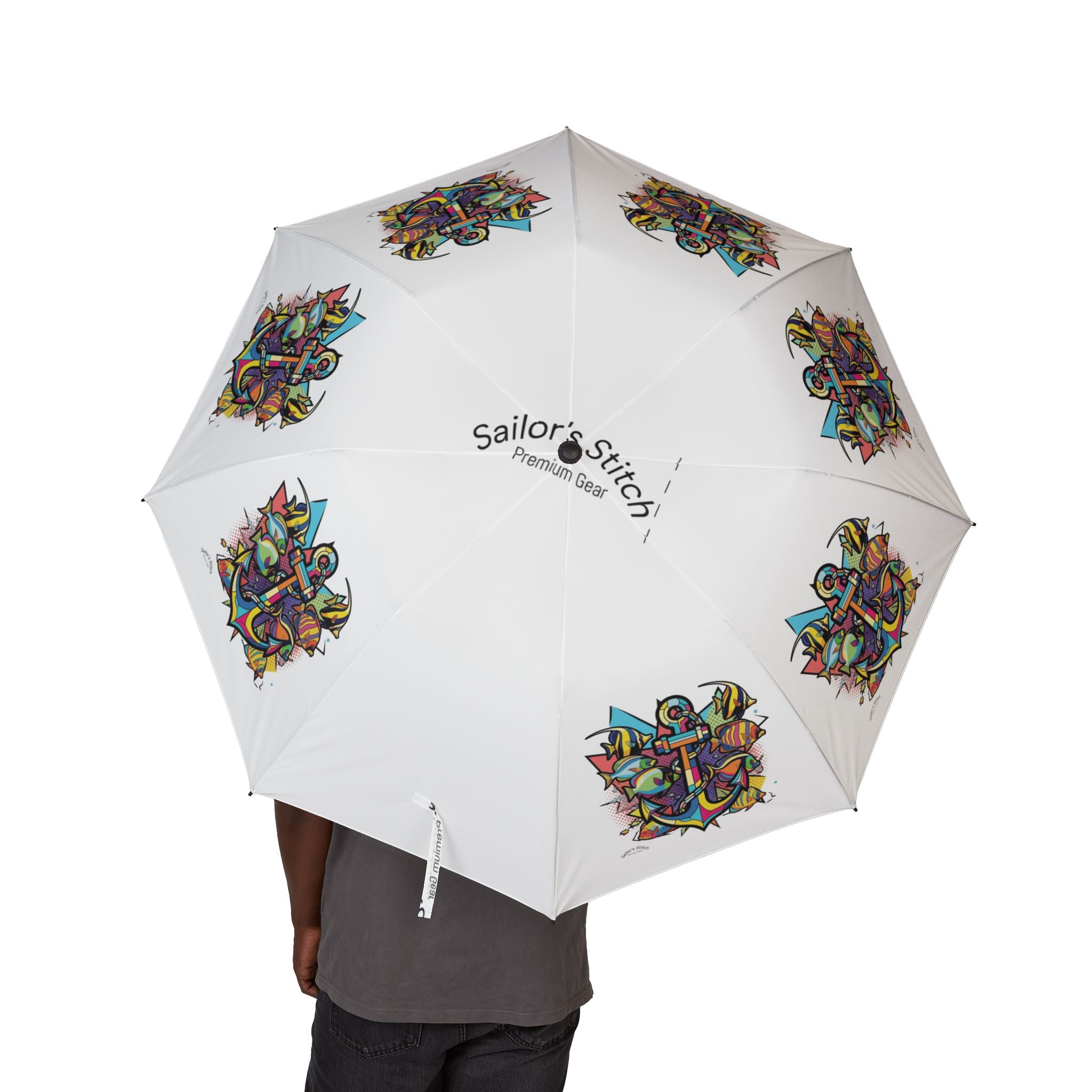 Anchor & Fish Design Pop Art Compact Foldable Umbrella, Custom name option, Chic Sunshade, Portable Rain Protection, Outdoor Accessories, Unique Gift for All Occasions