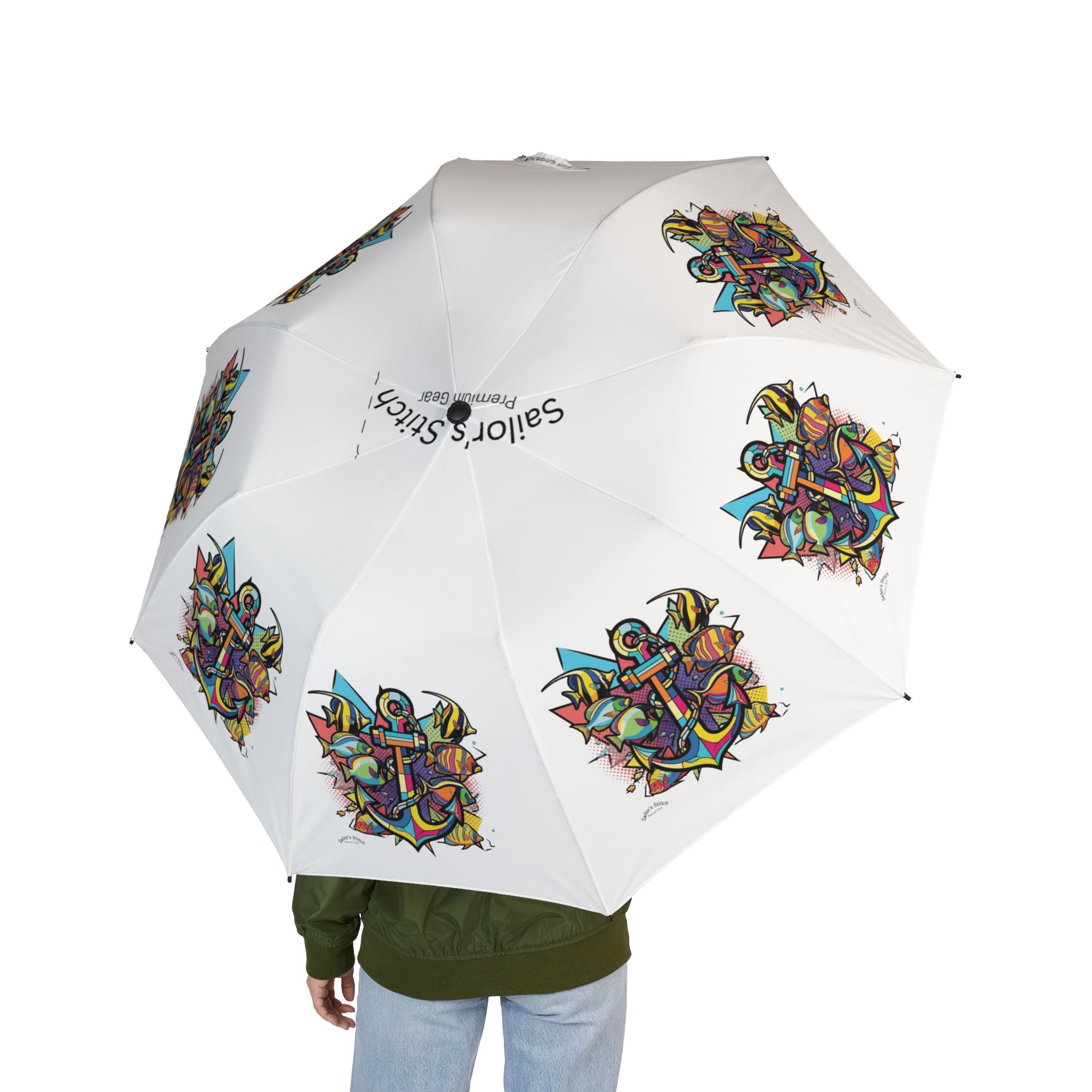 Anchor & Fish Design Pop Art Compact Foldable Umbrella, Custom name option, Chic Sunshade, Portable Rain Protection, Outdoor Accessories, Unique Gift for All Occasions